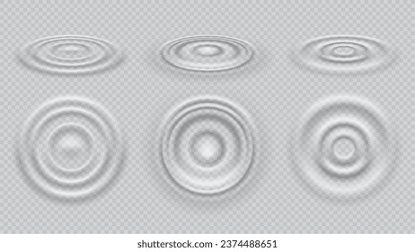 Ripple water waves top view. Realistic 3d vector set of round swirls on liquid surface, caustic drop or sound splash motion effect, concentric circles in puddle. Abstract smooth graphic aqua texture