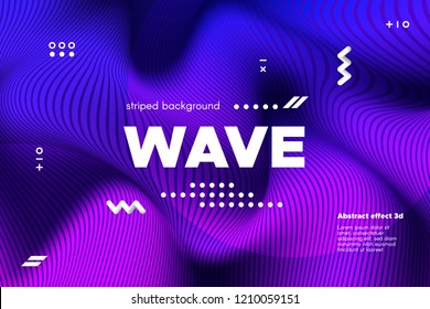 Ripple of Wave Surface Concept. 3d Linear Template with Movement. Purple Abstract Background with Distortion of Stripes. Modern Poster in Ultraviolet and Blue Colors with Ripple of Flowing Lines.