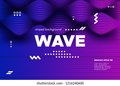Ripple of Wave Surface Concept. 3d Linear Template with Movement. Purple Abstract Background with Distortion of Stripes. Modern Poster in Ultraviolet and Blue Colors with Ripple of Flowing Lines.