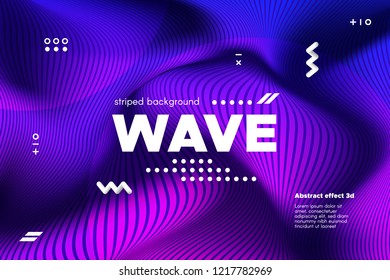 Ripple of Wave Surface Concept. 3d Linear Template with Movement. Purple Abstract Background with Distortion of Stripes. Modern Poster in Ultraviolet and Blue Colors with Ripple of Flowing Lines.