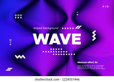 Ripple of Wave Surface Concept. 3d Linear Template with Movement. Purple Abstract Background with Distortion of Stripes. Modern Poster in Ultraviolet and Blue Colors with Ripple of Flowing Lines.