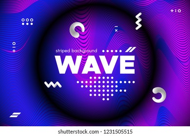 Ripple of Wave Surface Concept. 3d Linear Template with Movement. Purple Abstract Background with Distortion of Stripes. Modern Poster in Ultraviolet and Blue Colors with Ripple of Flowing Lines.