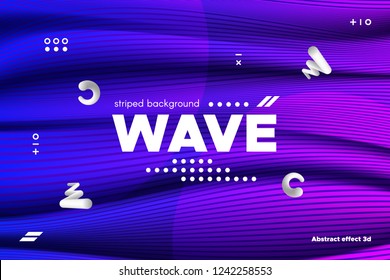 Ripple of Wave Surface Concept. 3d Linear Template with Movement. Purple Abstract Background with Distortion of Stripes. Modern Poster in Ultraviolet and Blue Colors with Ripple of Flowing Lines.