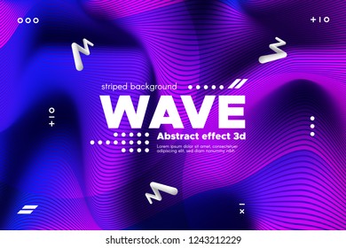 Ripple of Wave Surface Concept. 3d Linear Template with Movement. Purple Abstract Background with Distortion of Stripes. Modern Poster in Ultraviolet and Blue Colors with Ripple of Flowing Lines.