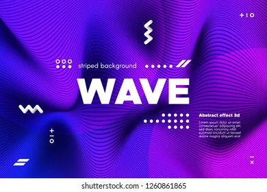 Ripple of Wave Surface Concept. 3d Linear Template with Movement. Purple Abstract Background with Distortion of Stripes. Modern Poster in Ultraviolet and Blue Colors with Ripple of Flowing Lines.
