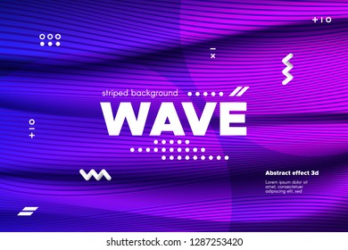 Ripple of Wave Surface Concept. 3d Linear Template with Movement. Purple Abstract Background with Distortion of Stripes. Modern Poster in Ultraviolet and Blue Colors with Ripple of Flowing Lines.