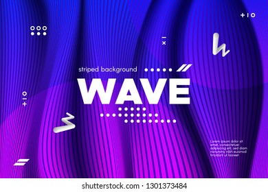 Ripple of Wave Surface Concept. 3d Linear Template with Movement. Purple Abstract Background with Distortion of Stripes. Modern Poster in Ultraviolet and Blue Colors with Ripple of Flowing Lines.