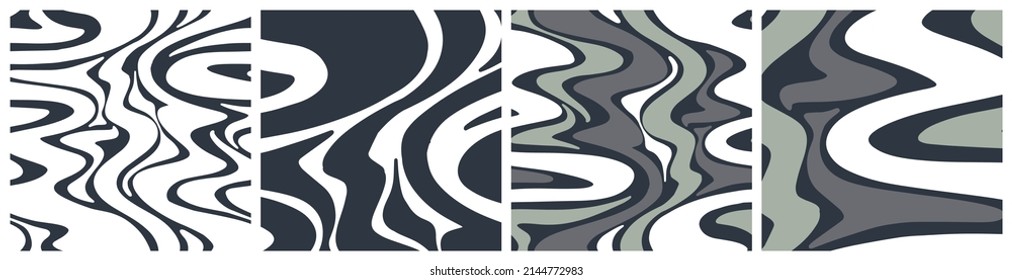 Ripple waves, dynamic seamless pattern in different color styles, shown in various scales. Neutral earth colours black, grey, white and khaki green vector design for sport textile or fashion fabric.