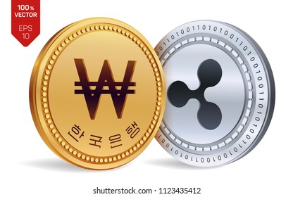 Ripple. Won. 3D isometric Physical coins. Digital currency. Korea Won coin. Cryptocurrency. Golden and silver coins with Ripple and Won symbol isolated on white background. Vector illustration.