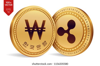 Ripple. Won. 3D isometric Physical coins. Digital currency. Korea Won coin. Cryptocurrency. Golden coins with Ripple and Won symbol isolated on white background. Vector illustration.