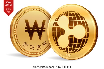 Ripple. Won. 3D isometric Physical coins. Digital currency. Korea Won coin. Cryptocurrency. Golden coins with Ripple and Won symbol isolated on white background. Vector illustration.
