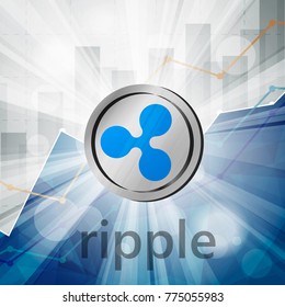 ripple xrp coin cryptocurrency in the bright rays with statistics chart