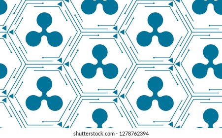 Сryptocurrency Ripple (XRP) coin - strict seamless pattern. Blue colors. Icon (similar to official cryptocurrency logo) inside interconnected hexagons.