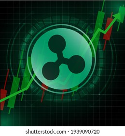 Ripple (XRP) cryptocurrency value price going up concept design. Glowing Dash Coin on Green candle stick charts with black and green background.Vector Illustration.EPS10.