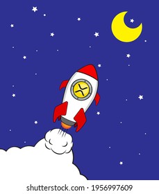 Ripple (XRP) rocket launcher, cryptocurrency concept. The growth rate of the coin - digital payment system