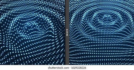 Rippled background template. Abstract science or technology illustration with particle. 3D grid surface. Can be used for wallpaper, presentation, banner and cover. 