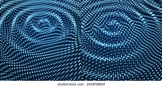 Rippled background template. Abstract science or technology illustration with particle. 3D grid surface. Can be used for wallpaper, presentation, banner and cover. 