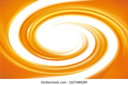 Rippled fond with space for text in glowing white milk center. Curl fluid surface vivid hot terracotta color. Circle fresh mix of sweet red carrot, apricot, pumpkin dessert syrup