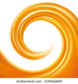 Rippled fond with space for text in glowing white milk center. Curl fluid surface vivid hot terracotta color. Circle fresh mix of sweet red carrot, apricot, pumpkin dessert syrup
