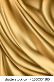Rippled golden fabric, vertical vector background. Realistic gold satin illustration with copy space, for luxury, or fashion design decoration.