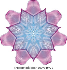 Rippled start guilloche rosette on multiple layers of blue and red violet mesh waves with moire effect.