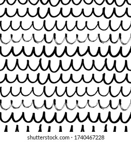 Patrón sin fisuras vectorial de líneas onduladas onduladas. trazos horizontales de pincel, remolinos, líneas de curvas. Fondo dibujado a mano con pintura negra. Ornamento geométrico para papel de envoltura. Patrón de brochas secas.
