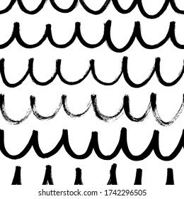 Rippled wavy grunge lines vector seamless pattern. Horizontal brush strokes, swirls, curly lines. Black paint hand drawn background. Geometric ornament for wrapping paper. Dry brushstrokes pattern.