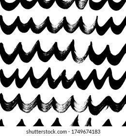 Patrón sin fisuras vectorial de líneas onduladas onduladas. trazos horizontales de pincel, remolinos, líneas de curvas. Fondo dibujado a mano con pintura negra. Ornamento geométrico para papel de envoltura. Patrón de brochas secas.