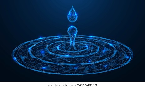 Ripples on the water from falling drops. Polygonal design of interconnected lines and dots. Blue background.