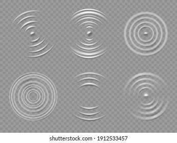 Ripples Top View. Realistic Water Concentric Circles And Liquid Circular Waves. Round Sound Wave Splash Effects. 3d Drop Rings Vector Set. Fluid Droplet Making Circles, Purity And Freshness