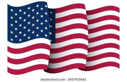 Rippling shaped US flag isolated on white background with gradient shadows, Flag of the USA