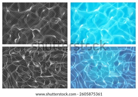 Rippling water surface with glare, reflections and waves. Vector realistic set of texture backgrounds for swimming pool, sea and ocean. Summertime vacation and marine seascape design top view