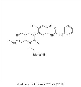 Structure squelettique plate de la molécule de ripretinib, Tyrosine kinase - inhibiteur de l'EGFR utilisé dans la tumeur gastro-intestinale métastatique - illustration Vectorielle GIST sur fond blanc.