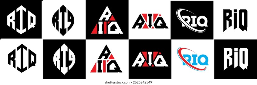 Design do logotipo da letra RIQ em seis estilos. Polígono RIQ, círculo, triângulo, hexágono, estilo simples e plano com logotipo de letra de variação de cor preto e branco definido em uma prancheta. Logotipo minimalista e clássico do RIQ