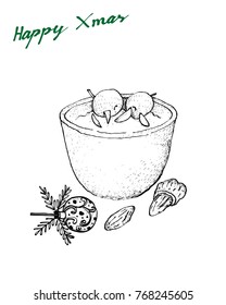 Ris a la Mande, Risalamande or Rice Pudding Mixed with Whipped Cream, Vanilla and Chopped Almonds Served with Cherry Sauce
