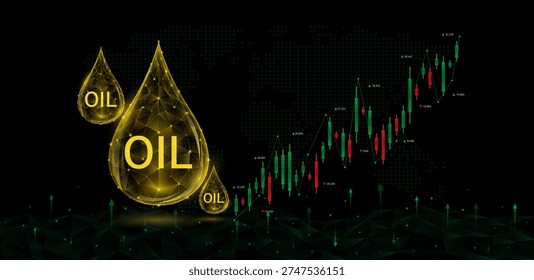 Rise arrow graph of go up of oil prices from War Crisis. Droplets of crude polygon facing candlestick on black world map. Stock market trends chart oil prices. Banner vector.