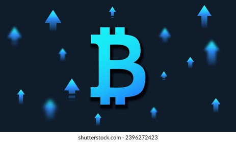 Rise of bitcoin concept. Cryptocurrency and blockchain technology. Blue neon arrows near letter. Investing and trading, economy. Cartoon flat vector illustration isolated on black background