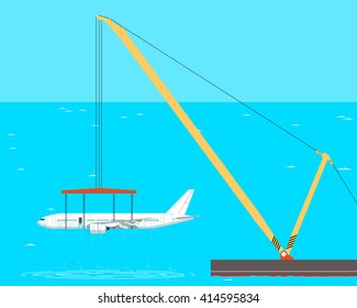 The rise from the bottom of a passenger aircraft using crane barges. Vector illustration