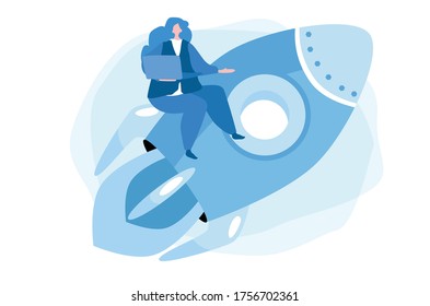 Rise of the career to success, woman on rocket spaceship. Vector illustration for web banner, infographics, mobile. 