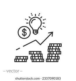 rise cost electricity icon, price or tariff electric energy, stack of coins with lightbulb, thin line symbol on white background - editable stroke vector illustration eps10