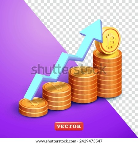 Rise of cryptocurrencies, stacked coin elements, and a rising arrow. 3d vector, suitable for high profits in the stock market and crypto uptrend in the market