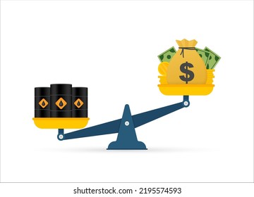 Rise and decline in price of oil market prices. Oil barrels. World inflation. Vector stock illustration.