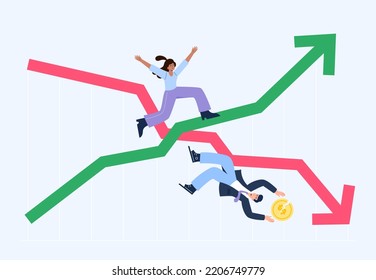 Aumento y caída de los indicadores económicos. El mercado de valores, la recesión, la inflación. Una persona se hace más rica y otra más pobre. Ilustración plana vectorial en el fondo.