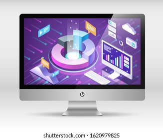 Rise and fall in prices of goods and currency on computer screen, Isometric vector concept banner, Marketing and finance vector isometric concept,  Vector illustration