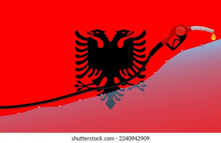 Rise in gasoline prices concept in Albania. Gasoline fuel pump nozzle with drop oil on Albania flag background. Growth bar chart prices. vector illustration
