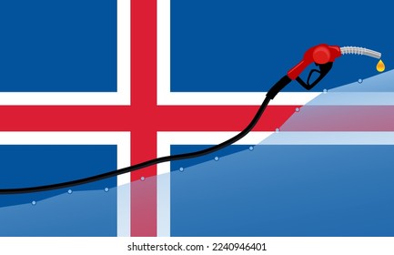 Rise in gasoline prices concept in Iceland. Gasoline fuel pump nozzle with drop oil on Iceland flag background. Growth bar chart prices. vector illustration