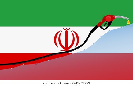 Rise in gasoline prices concept in Iran. Gasoline fuel pump nozzle with drop oil on Iran flag background. Growth bar chart prices. vector illustration