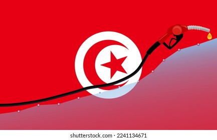 Rise in gasoline prices concept in Tunisia. Gasoline fuel pump nozzle with drop oil on Tunisia flag background. Growth bar chart prices. vector illustration