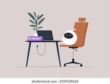 Rise of the Machines, A robot symbolically signals the end of human occupation with a No Vacancy sign, highlighting the encroaching threat of artificial intelligence on traditional jobs