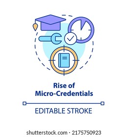 Rise Of Micro Credentials Concept Icon. Short Term Course. Trend In Education Abstract Idea Thin Line Illustration. Isolated Outline Drawing. Editable Stroke. Arial, Myriad Pro-Bold Fonts Used